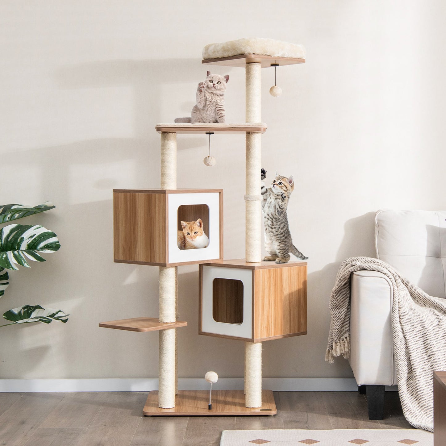 163 CM Tall Modern Wooden Cat Tree with Sisal Scratching Posts and Washable Cushions-Natrual