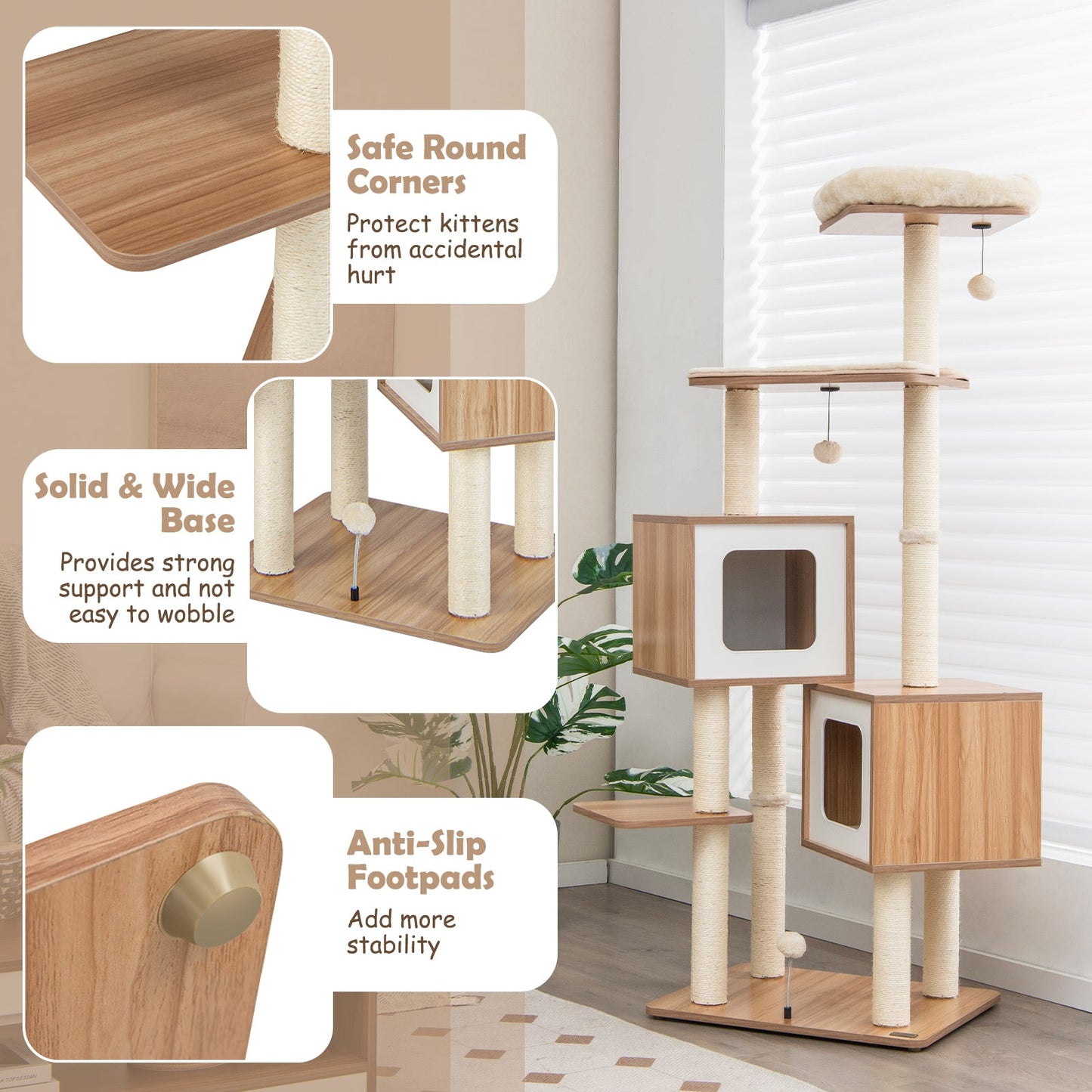 163 CM Tall Modern Wooden Cat Tree with Sisal Scratching Posts and Washable Cushions-Natrual