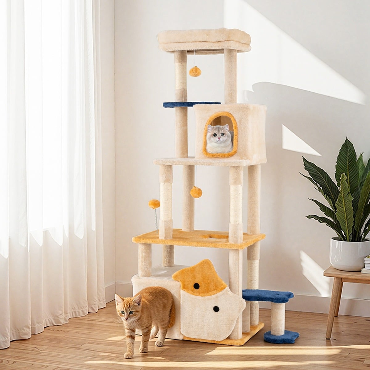 163 cm Large Kitty Tower with 2 Condos and Removable Plush Perch-Yellow