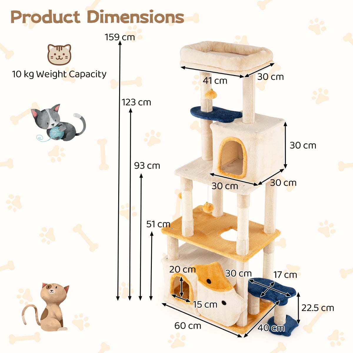 163 cm Large Kitty Tower with 2 Condos and Removable Plush Perch-Yellow