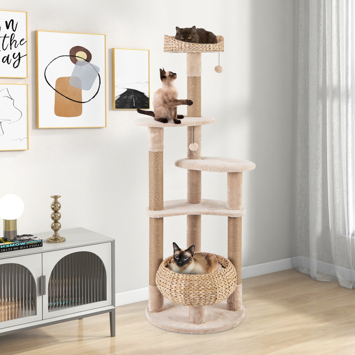 164 cm Cat Tree with Jute Scratching Posts and Dangling Balls-Beige
