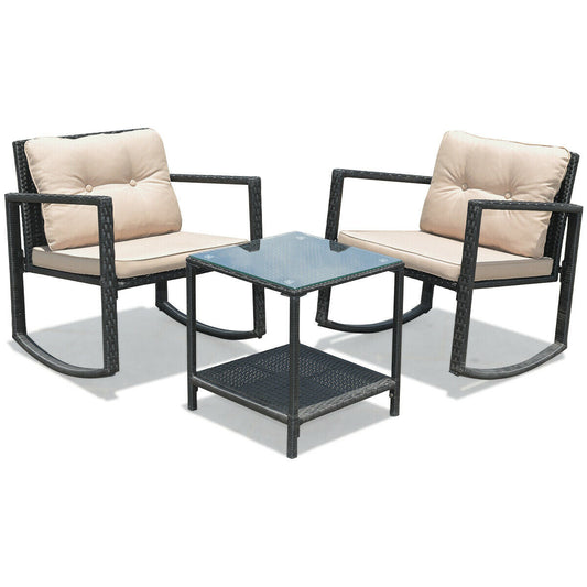 3 Pieces Outdoor Rocking Bistro Set for Garden, Backyard & Poolside-Beige