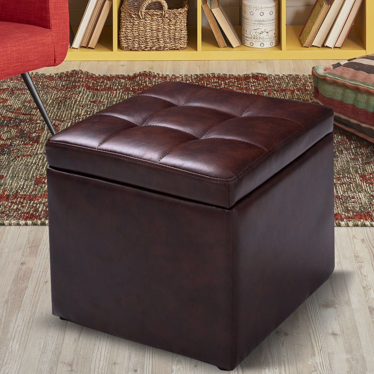 40cm PU Leather Cube Storage Ottoman with Lid-Brown