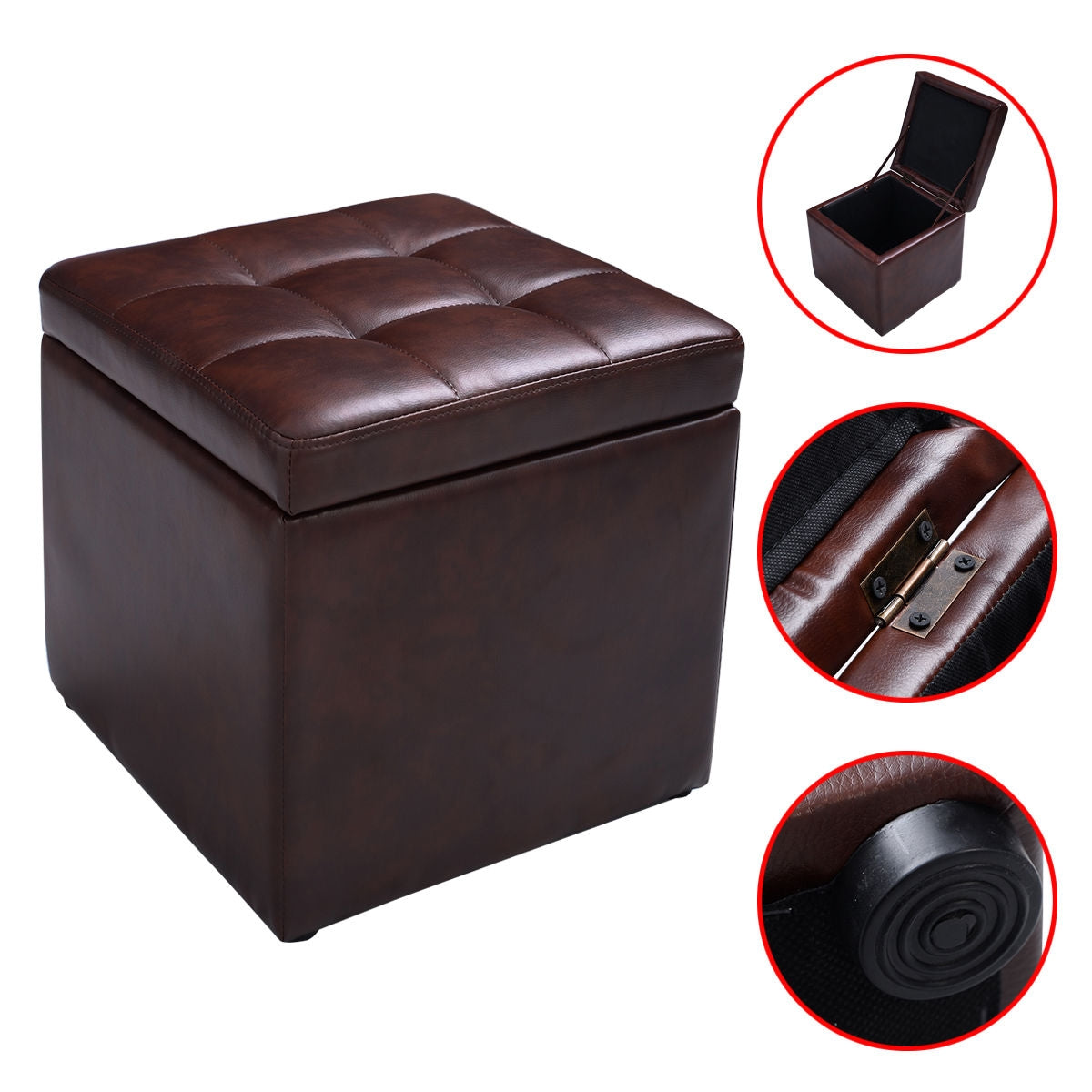 40cm PU Leather Cube Storage Ottoman with Lid-Brown