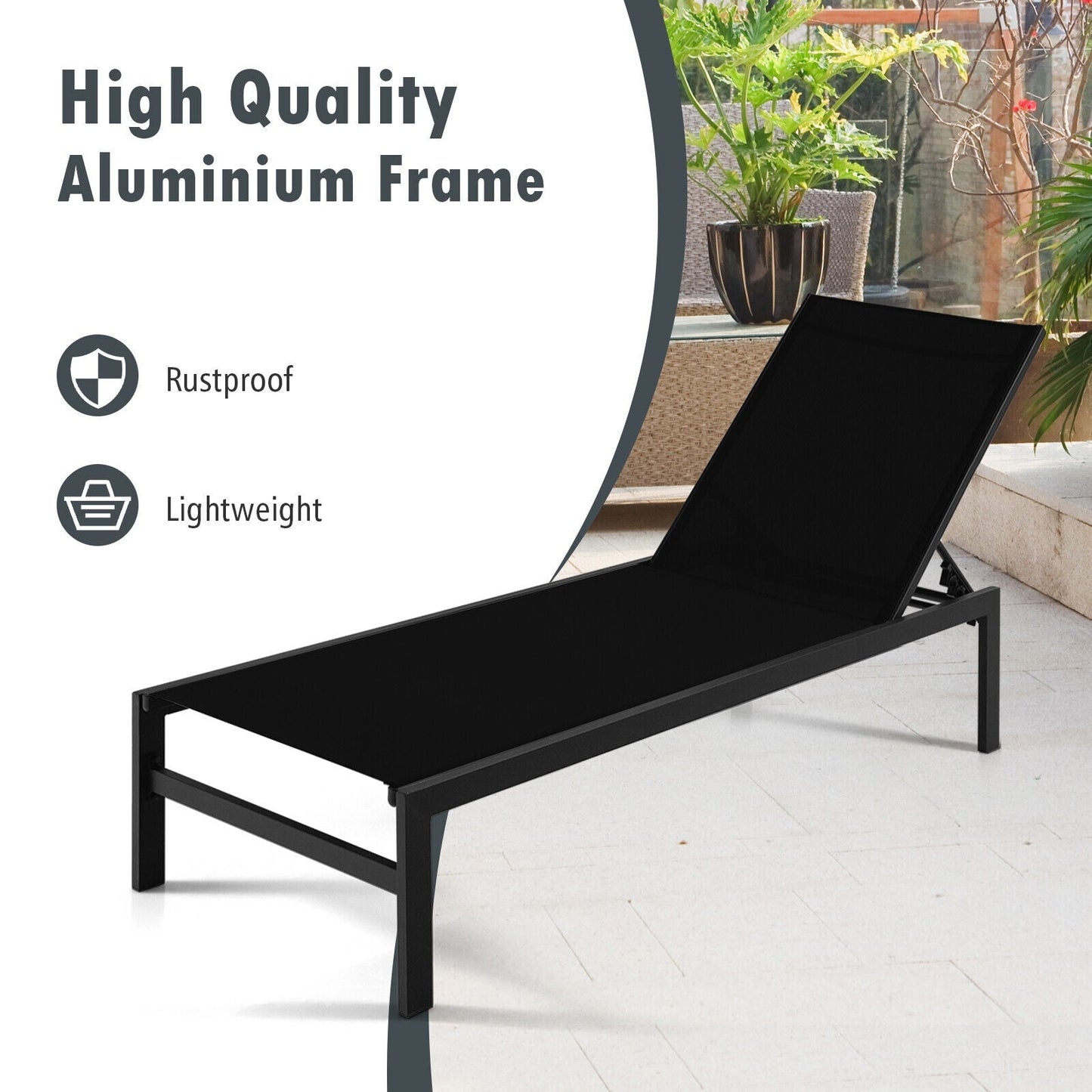 6-Position Chaise Lounge Chairs with Rustproof Aluminium Frame for Patio-Black