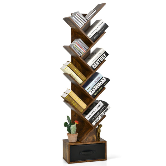 10-Tier Tree Bookcase with Drawer for Storage-Brown