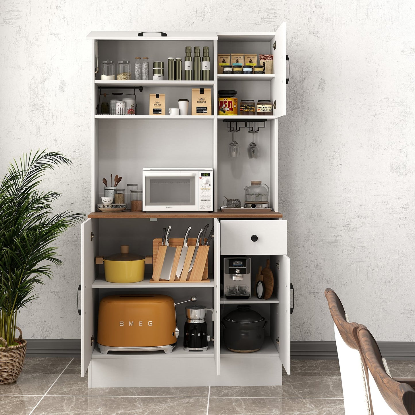 167cm Tall Pantry Cabinet with Hutch and Power Outlets-White