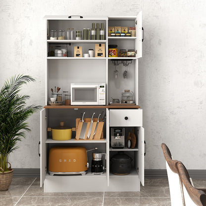 167cm Tall Pantry Cabinet with Hutch and Power Outlets-White