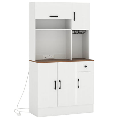 167cm Tall Pantry Cabinet with Hutch and Power Outlets-White