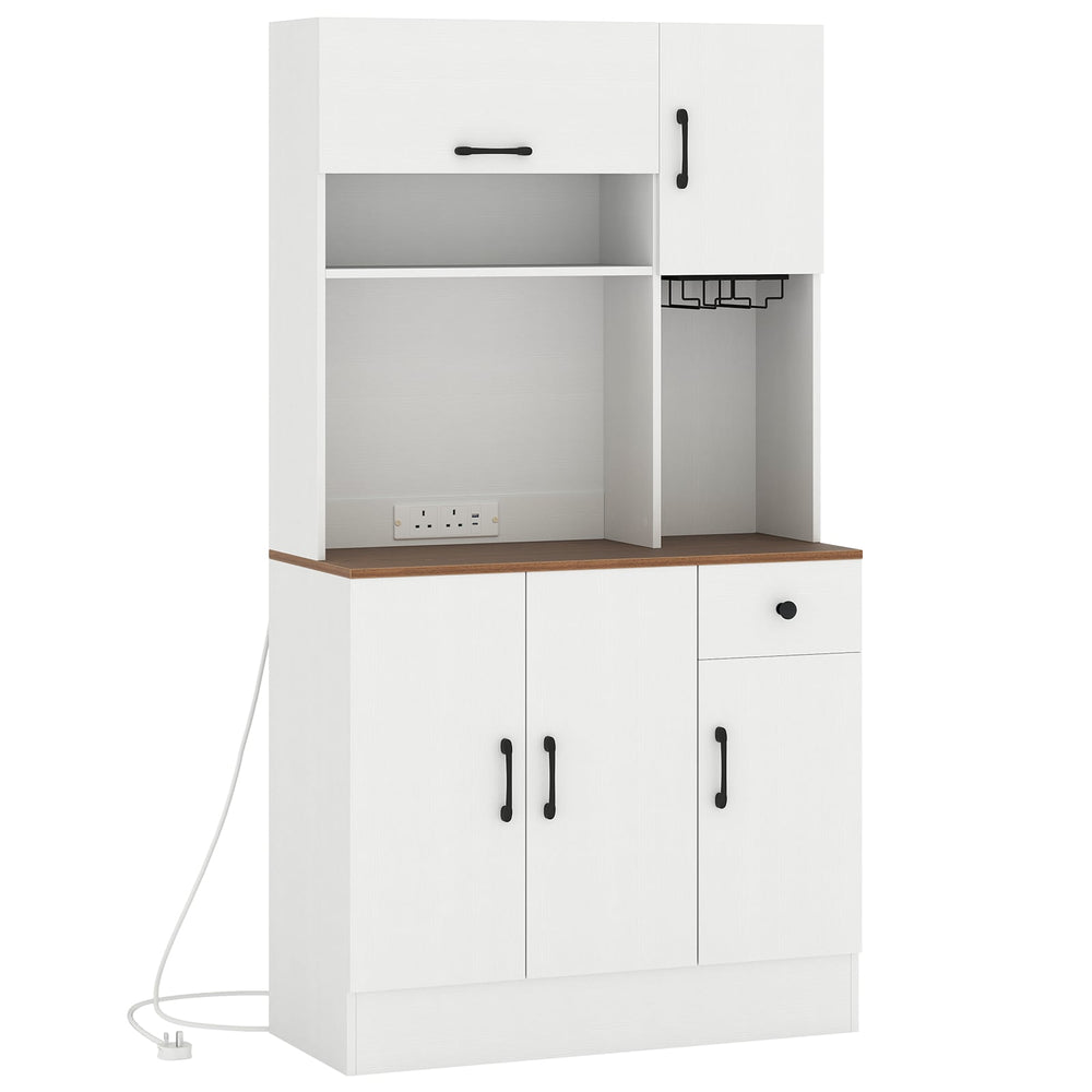 167cm Tall Pantry Cabinet with Hutch and Power Outlets-White
