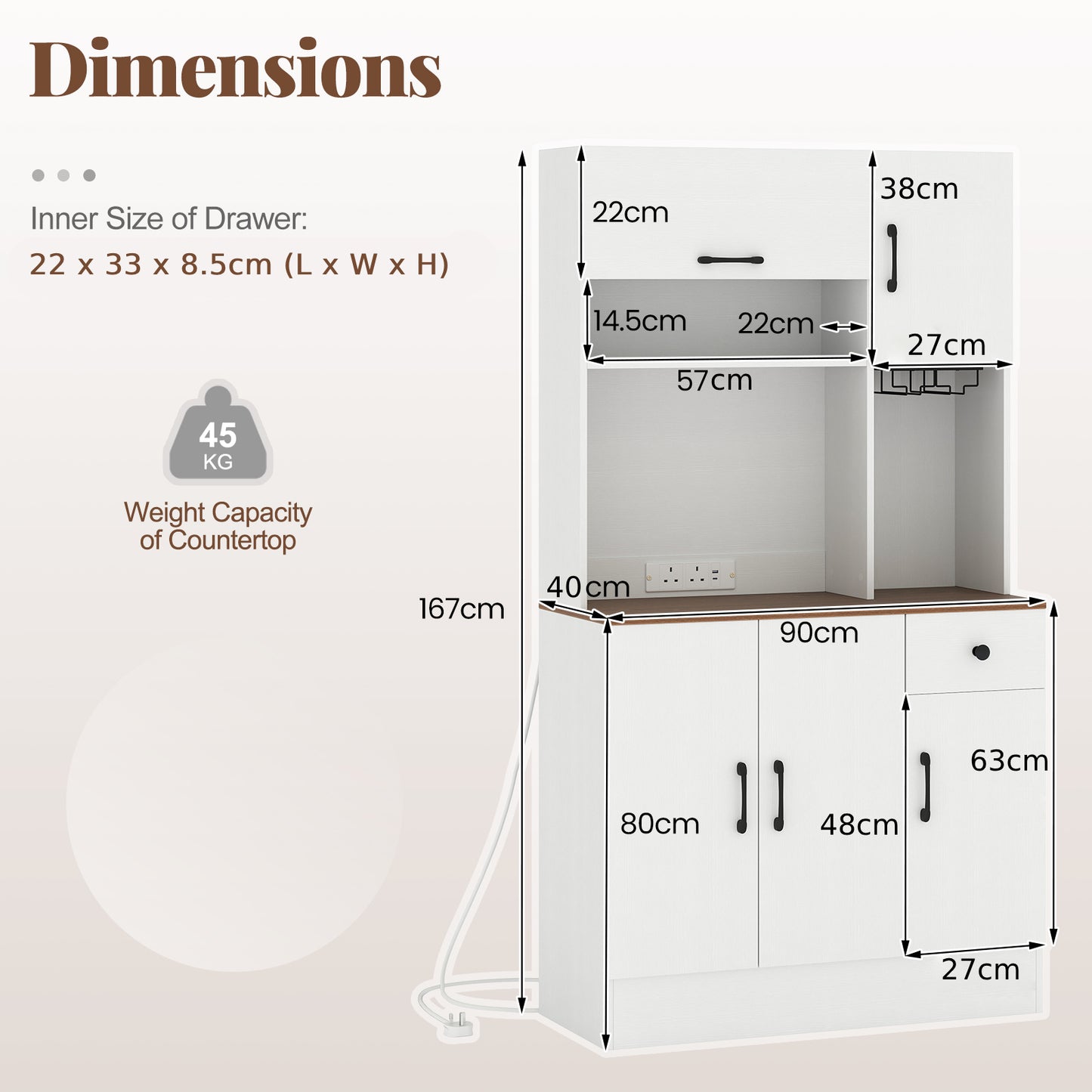 167cm Tall Pantry Cabinet with Hutch and Power Outlets-White