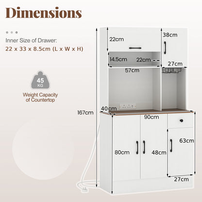 167cm Tall Pantry Cabinet with Hutch and Power Outlets-White