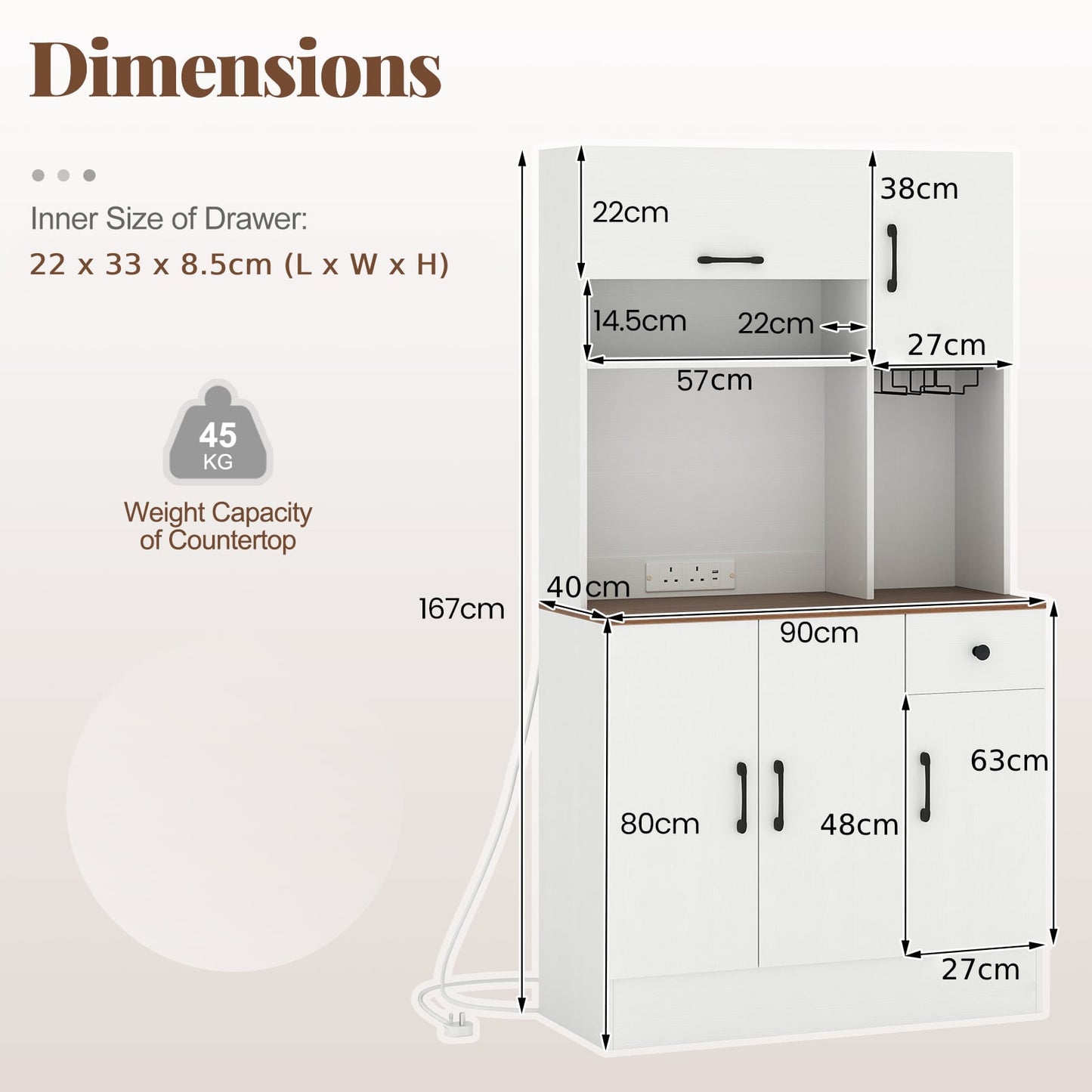 167cm Tall Pantry Cabinet with Hutch and Power Outlets-White