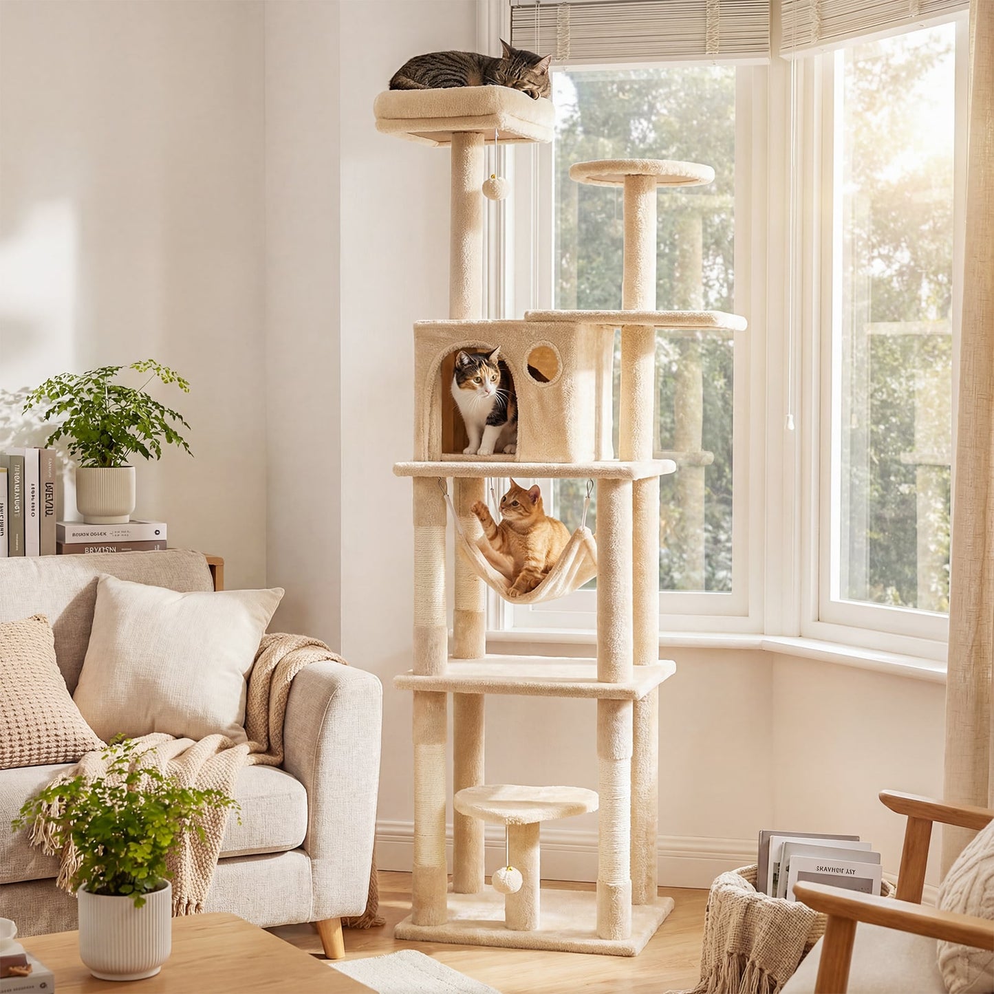 168 cm Tall Multi-Level Cat Tree with 2 Perches and Hammock-Beige