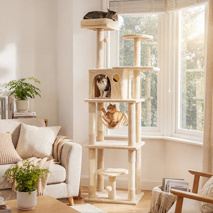 168 cm Tall Multi-Level Cat Tree with 2 Perches and Hammock-Beige
