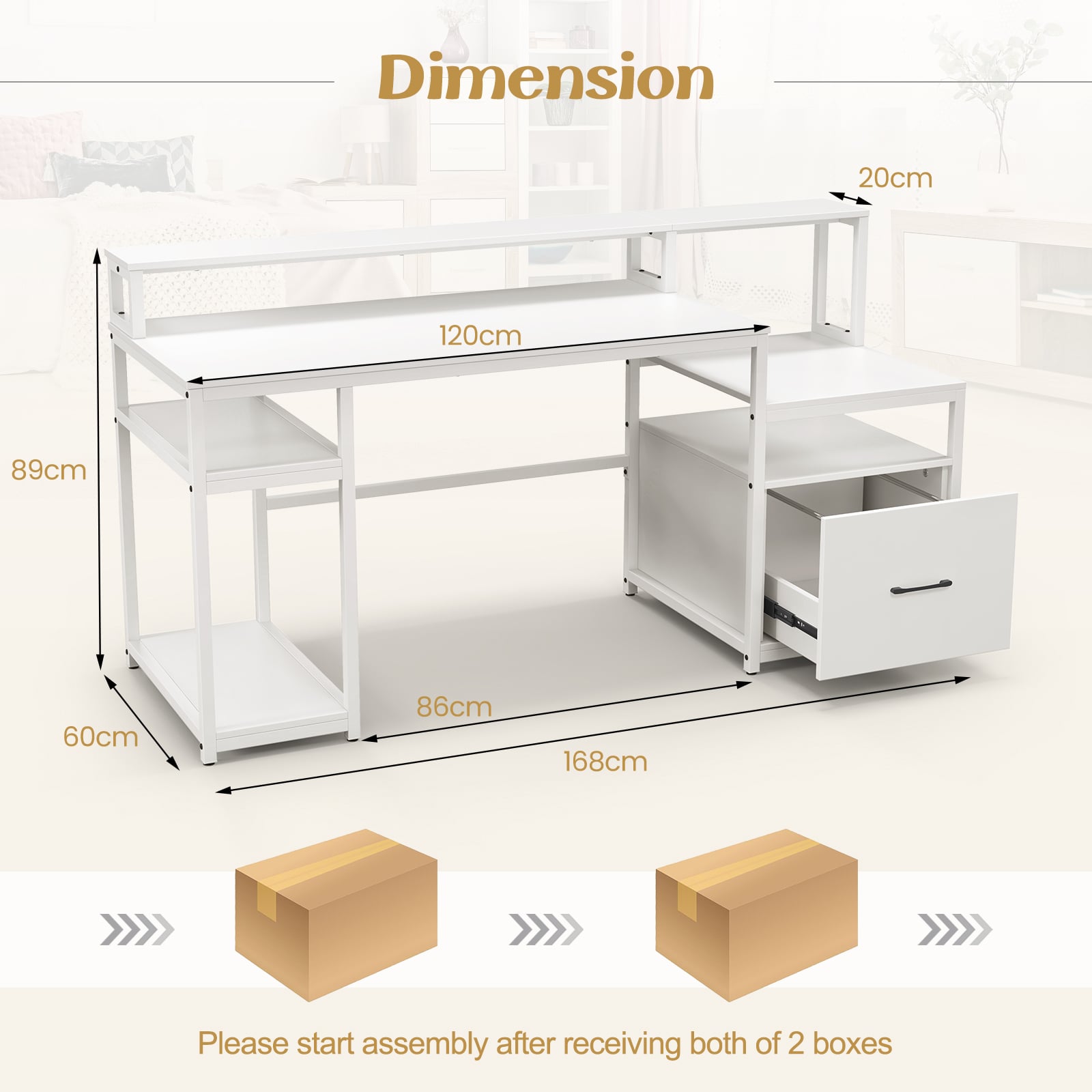 168 CM Home Office Computer Desk Modern Writing Desk with Monitor Stand-White
