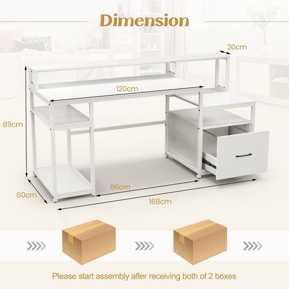 168 CM Home Office Computer Desk Modern Writing Desk with Monitor Stand-White