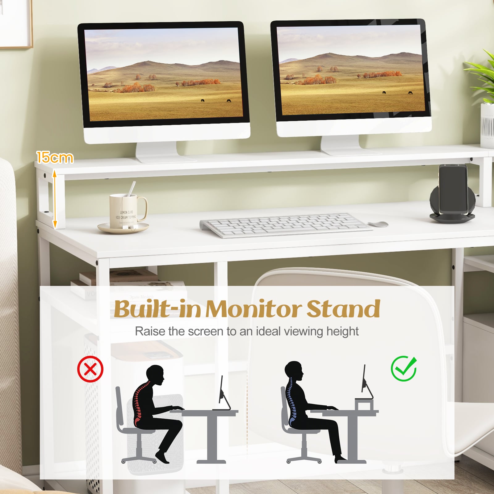 168 CM Home Office Computer Desk Modern Writing Desk with Monitor Stand-White