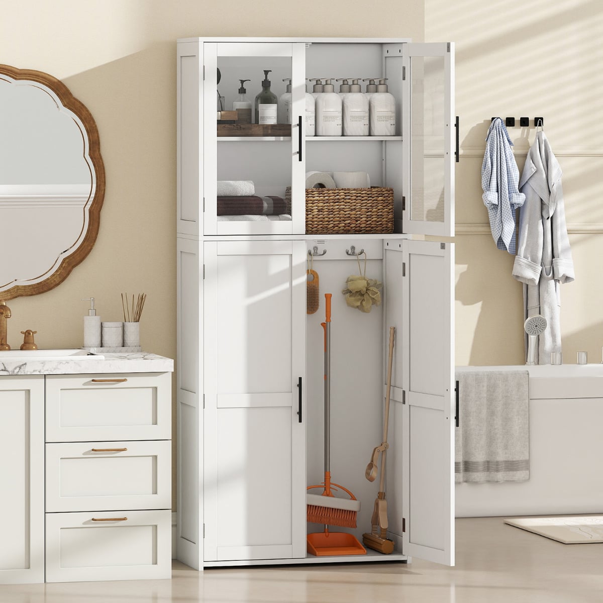 168CM Tall Freestanding Cleaning Tool Cabinet with Doors and Shelves-White
