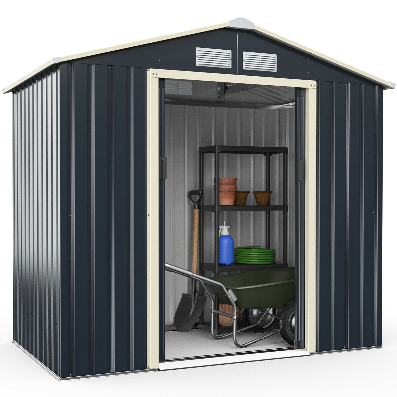 Outdoor Storage Shed with 4 Vents and Double Sliding Door-213x127cm Storage Shed