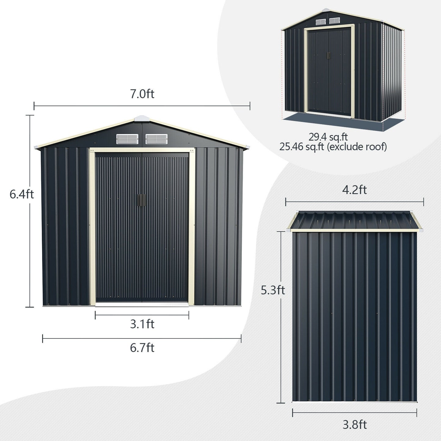 Outdoor Storage Shed with 4 Vents and Double Sliding Door-213x127cm Storage Shed