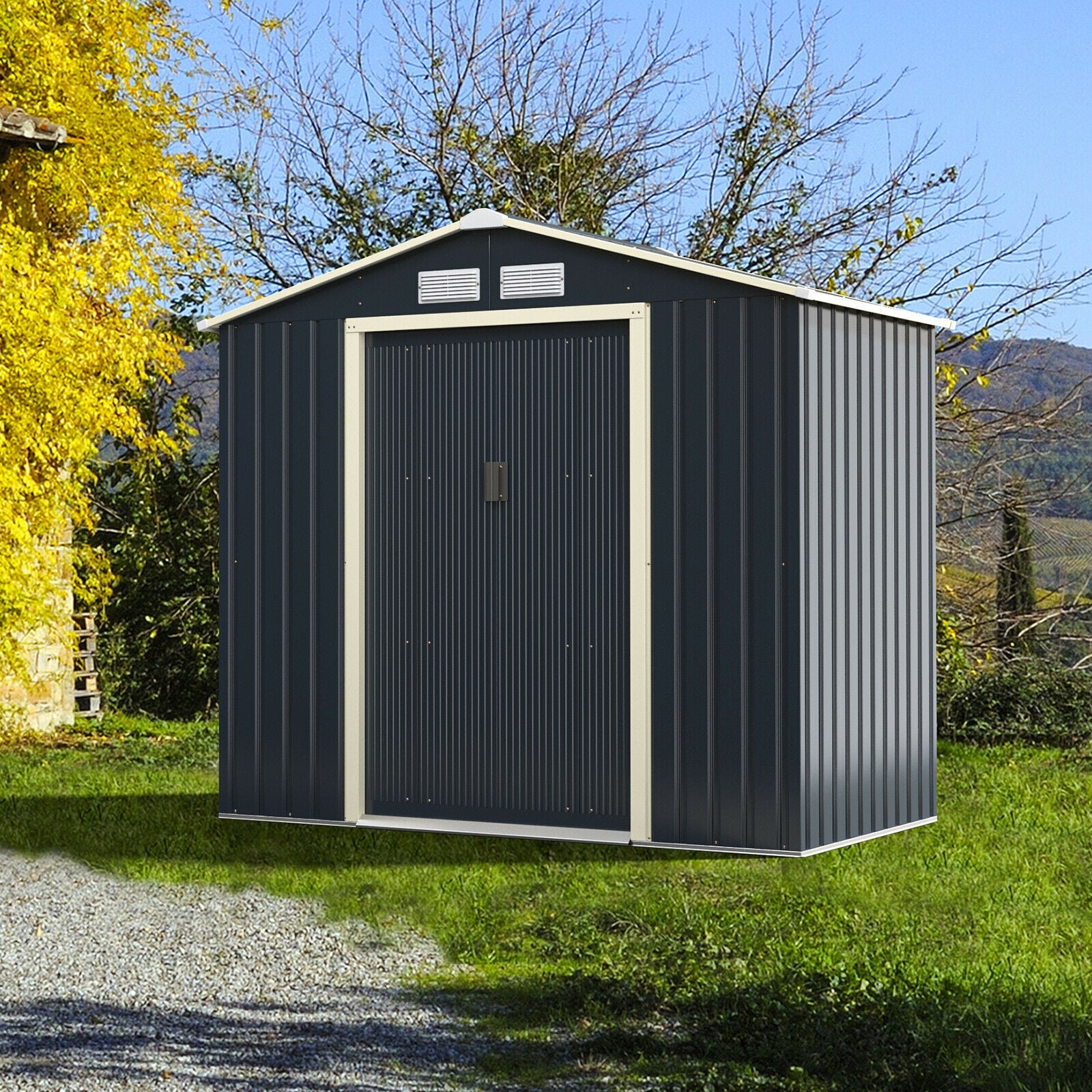 Outdoor Storage Shed with 4 Vents and Double Sliding Door-213x127cm Storage Shed