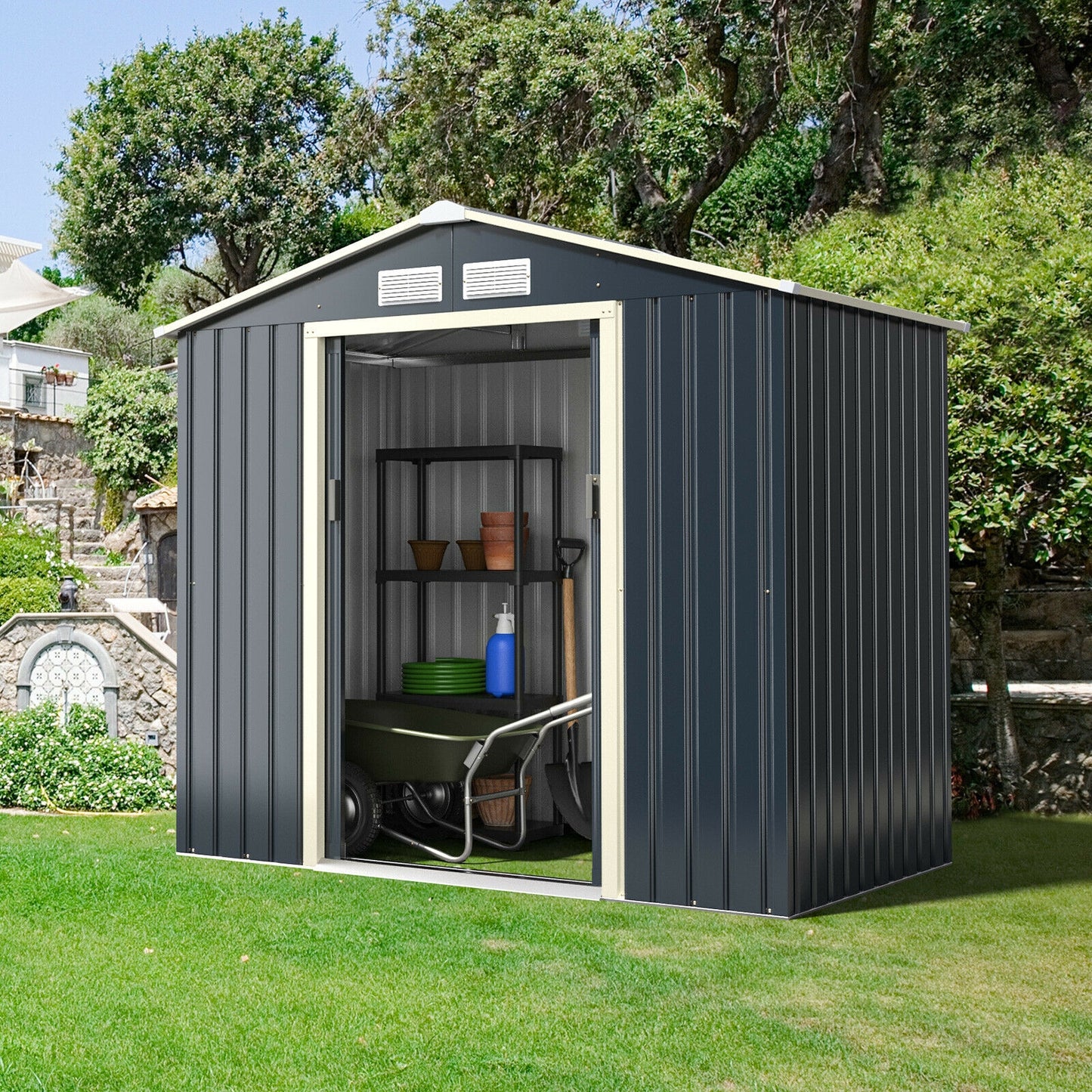 Outdoor Storage Shed with 4 Vents and Double Sliding Door-213x127cm Storage Shed