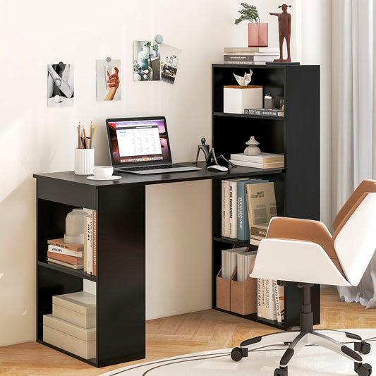Modern 3-in-1 Wooden Computer Desk with 6-Tier Storage Bookshelves-Black