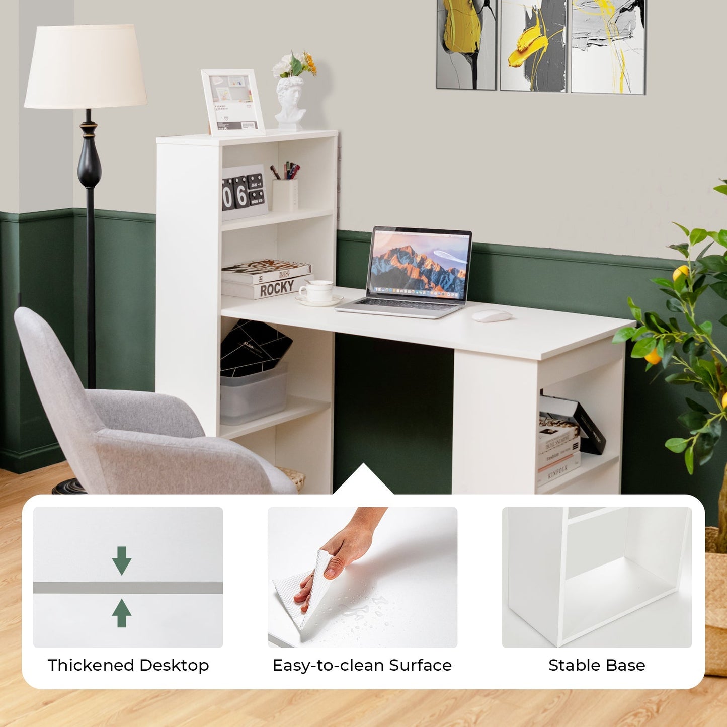 Modern 3-in-1 Wooden Computer Desk with 6-Tier Storage Bookshelves-White