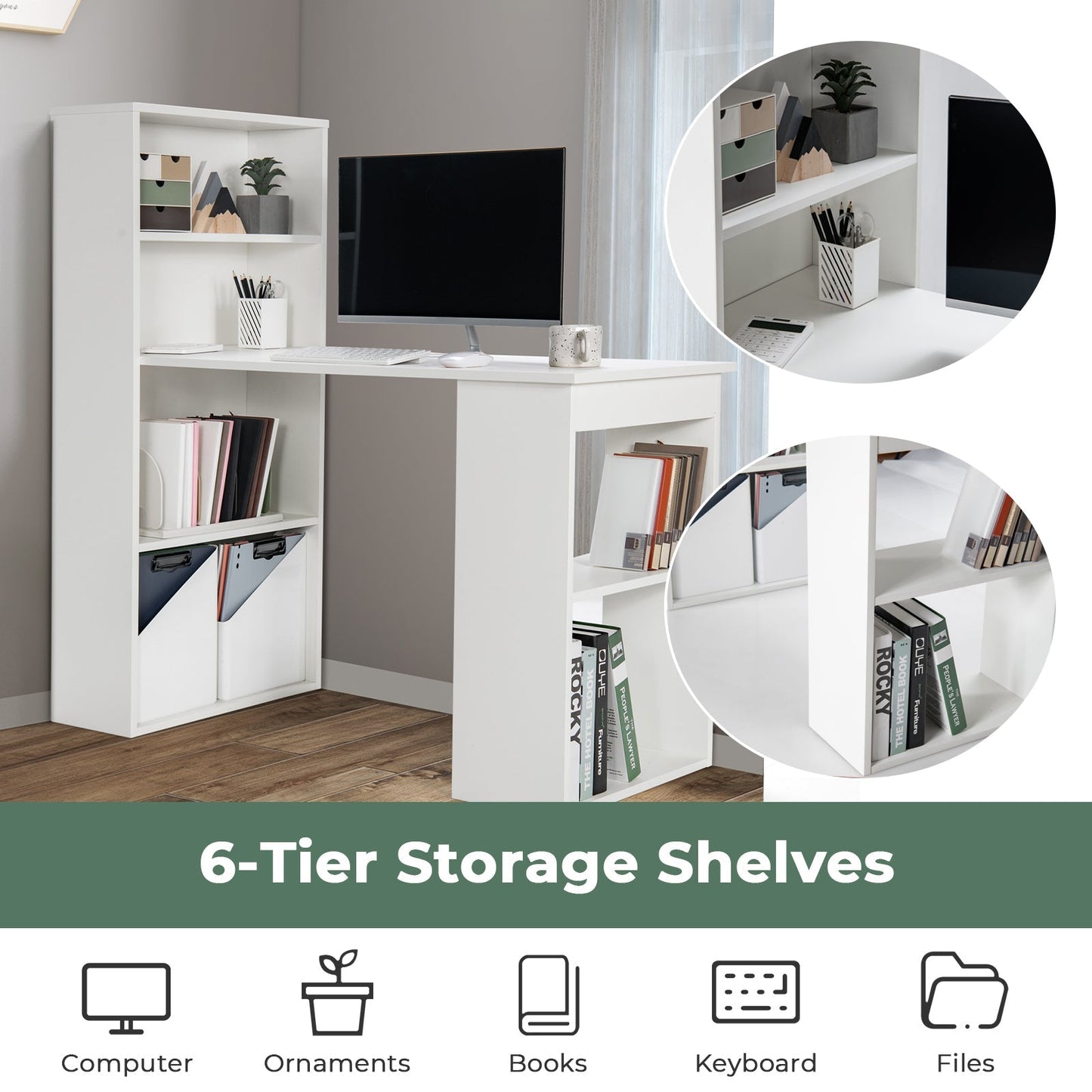 Modern 3-in-1 Wooden Computer Desk with 6-Tier Storage Bookshelves-White