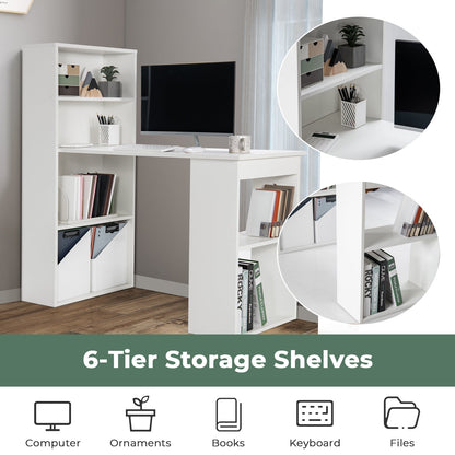 Modern 3-in-1 Wooden Computer Desk with 6-Tier Storage Bookshelves-White