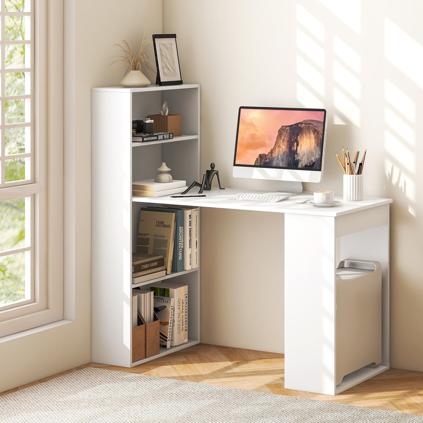 Modern 3-in-1 Wooden Computer Desk with 6-Tier Storage Bookshelves-White
