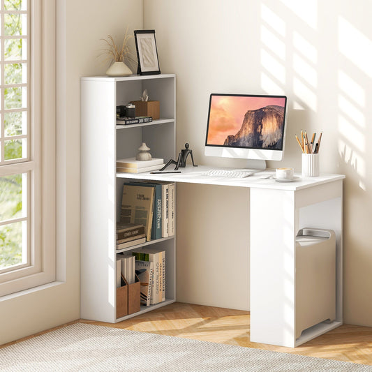 Modern 3-in-1 Wooden Computer Desk with 6-Tier Storage Bookshelves-White