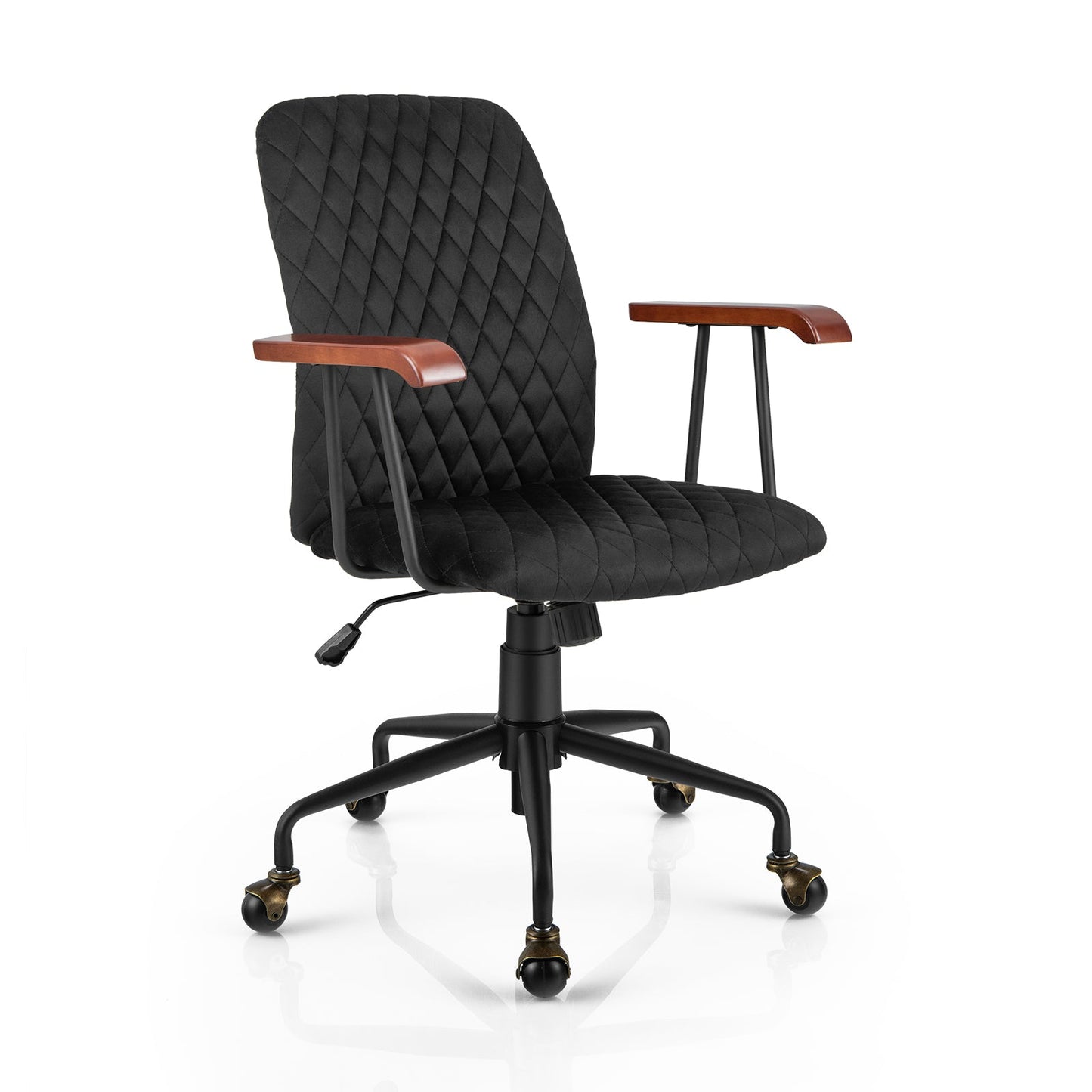 Velvet Home Office Chair with Wooden Armrest-Black