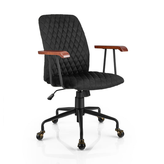 Velvet Home Office Chair with Wooden Armrest-Black