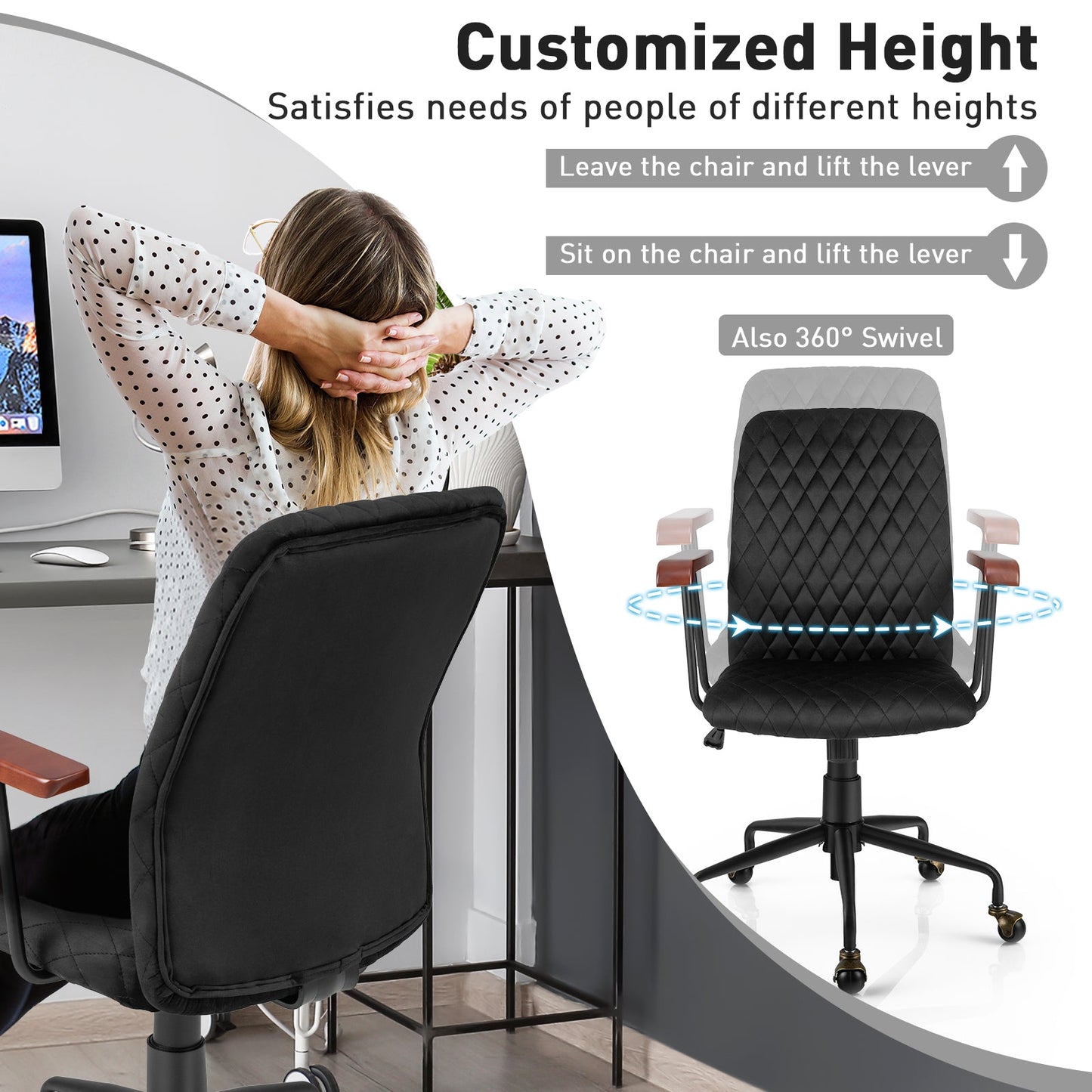 Velvet Home Office Chair with Wooden Armrest-Black