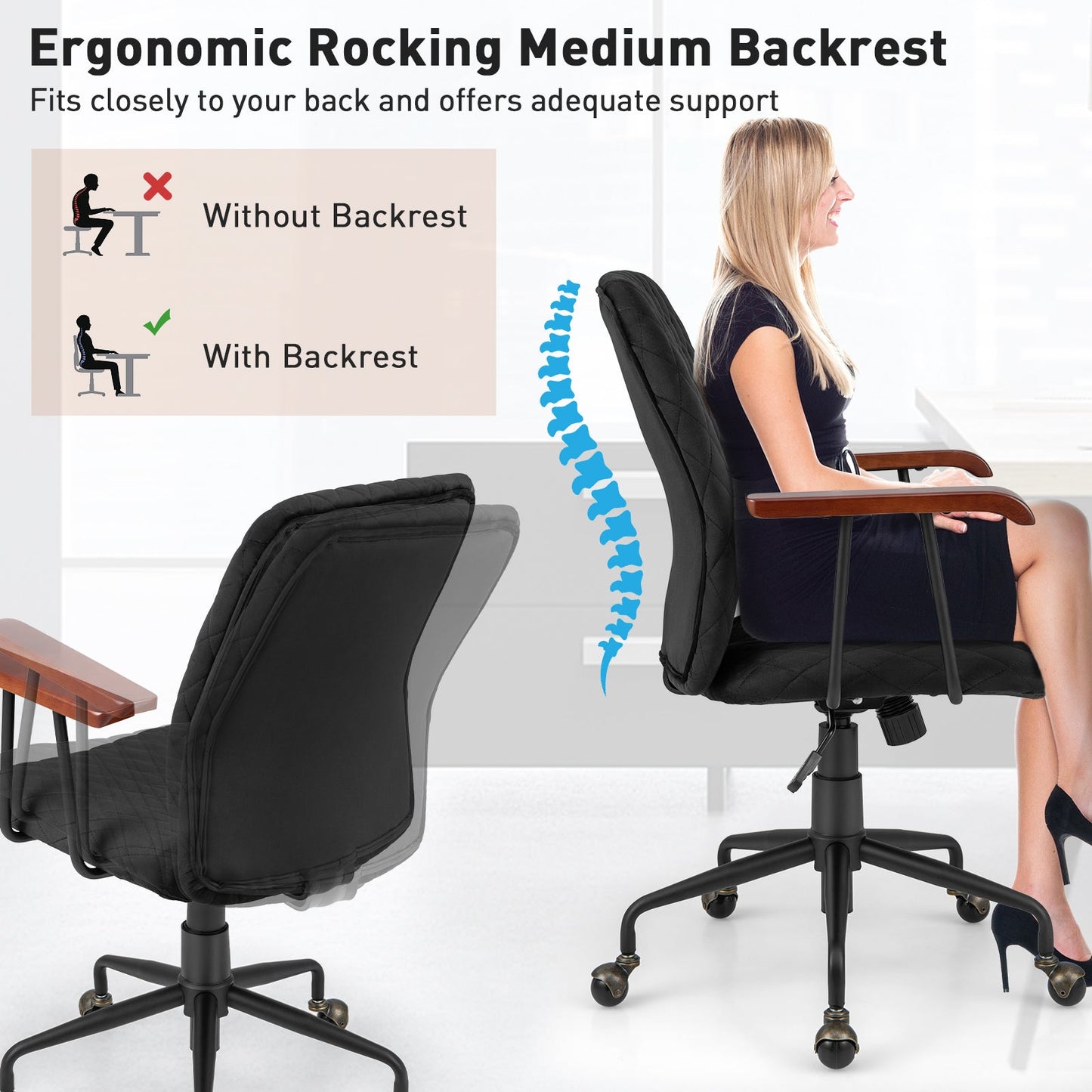 Velvet Home Office Chair with Wooden Armrest-Black