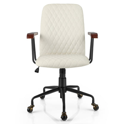 Velvet Home Office Chair with Wooden Armrest-Beige