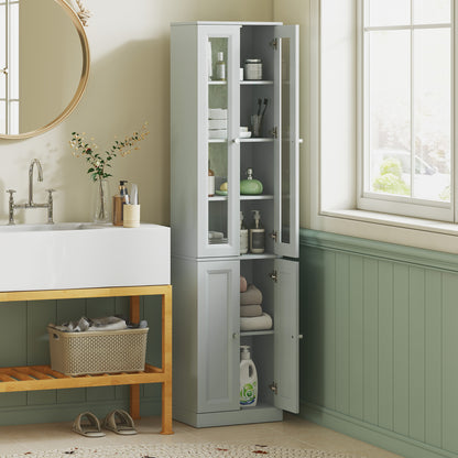 HOMCOM Tall Bathroom Storage Cabinet, 6-Tier Slim Bathroom Cabinet with Adjustable Shelf, 4 Soft-Close Doors, Dusty Blue