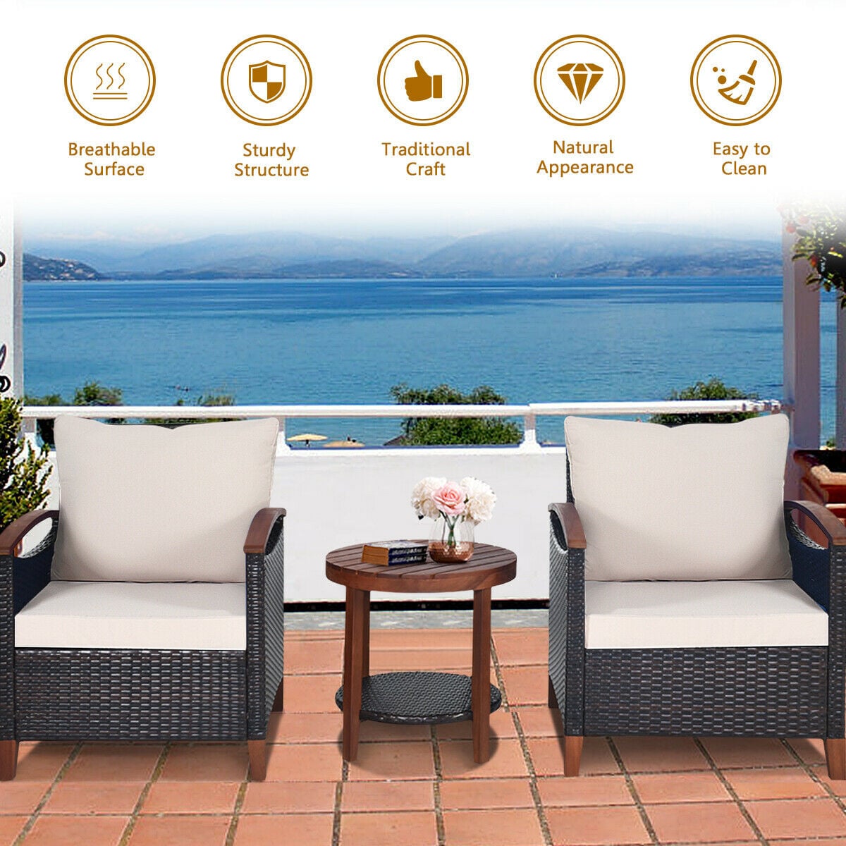 3-Piece Rattan Furniture Set with Removable Cushions abd Washable Covers-Brown