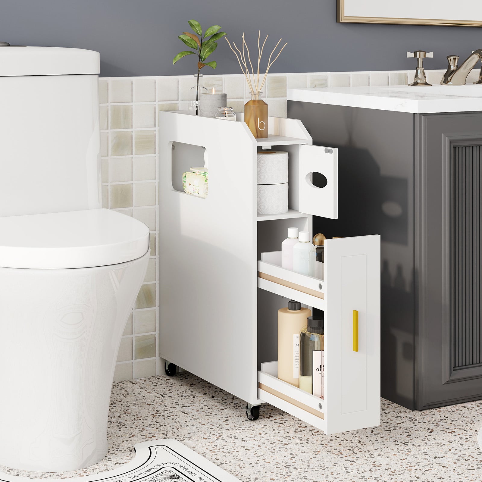16 CM Small Bathroom Storage Cabinet with Slide Out Drawer-White