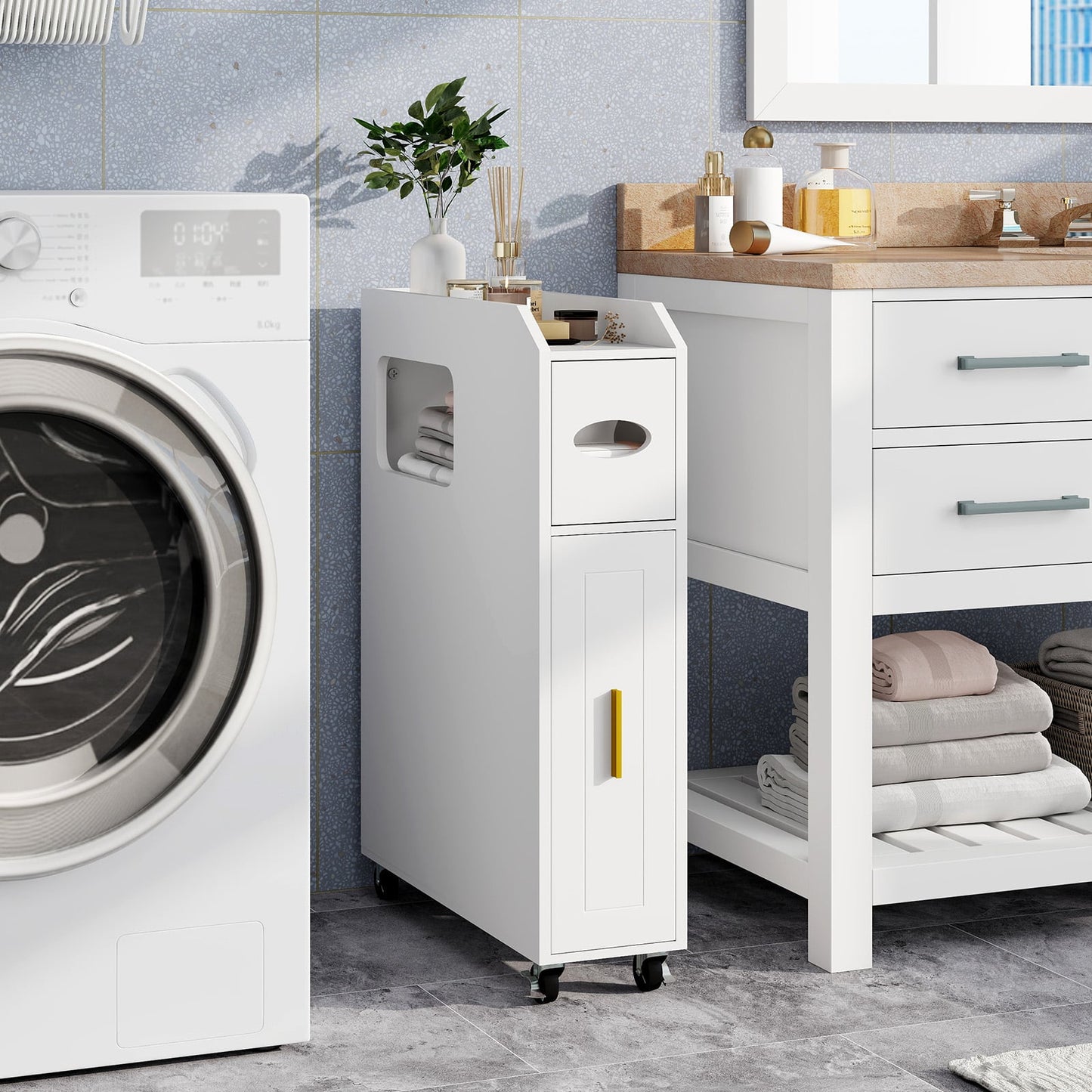 16 CM Small Bathroom Storage Cabinet with Slide Out Drawer-White