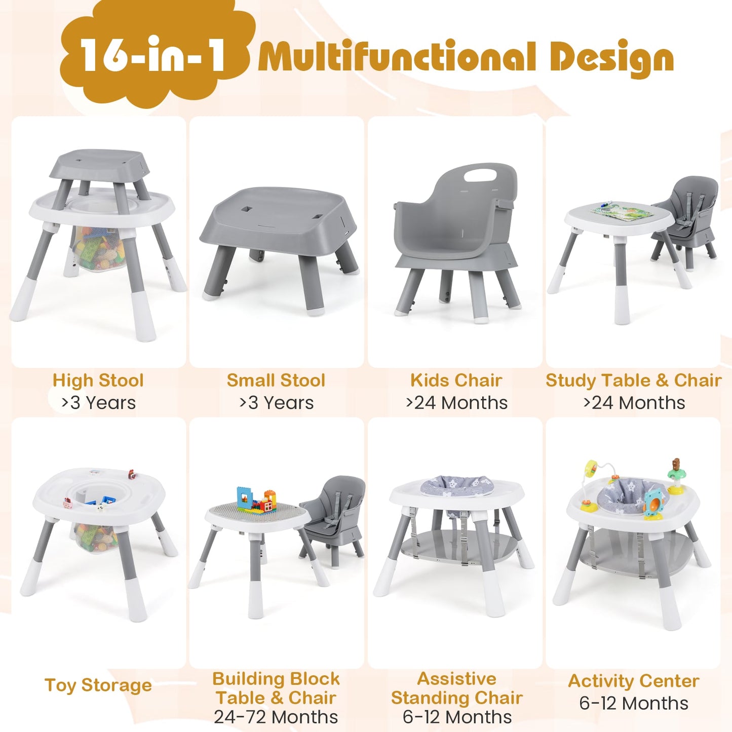 16-in-1 Convertible Baby High Chair with Removable Tray and 5-Point Harness-Grey