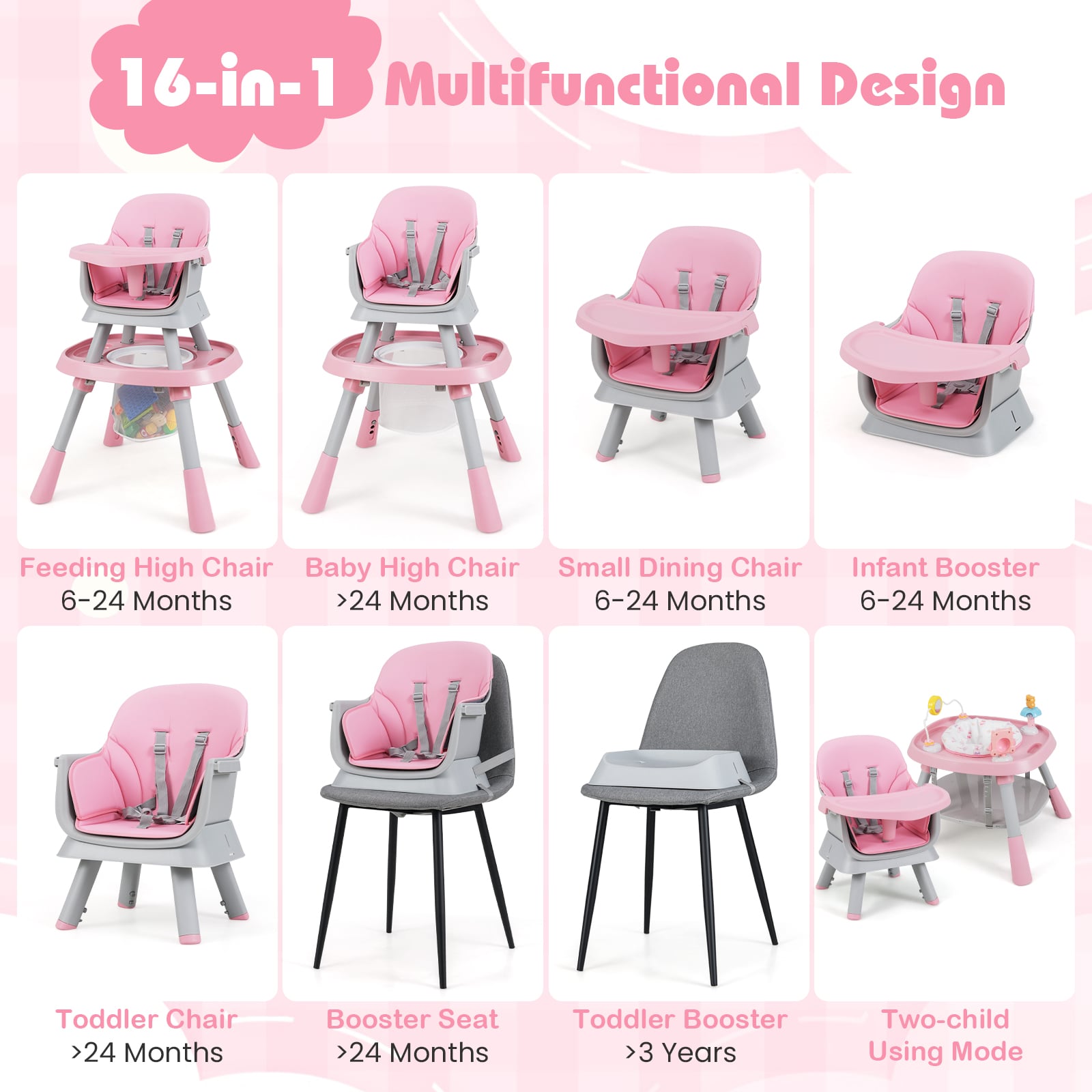 16-in-1 Convertible Baby High Chair with Removable Tray and 5-Point Harness-Pink