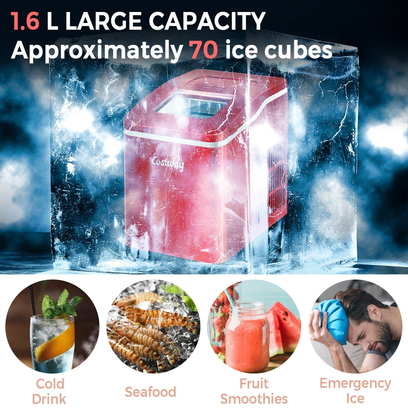 1.6L Portable Ice Maker 12kg / 24hr-Red - Furniture Gold