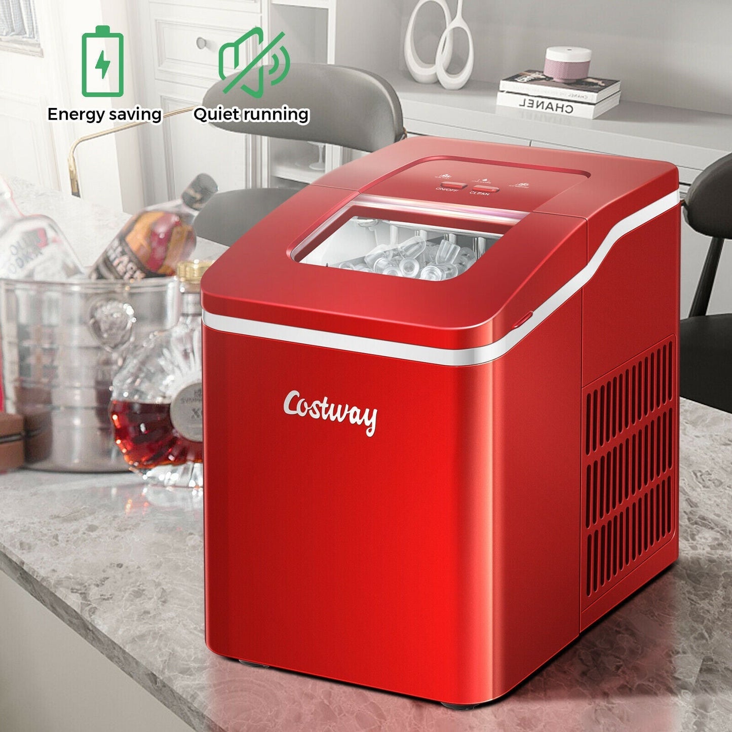 1.6L Portable Ice Maker 12kg / 24hr-Red - Furniture Gold