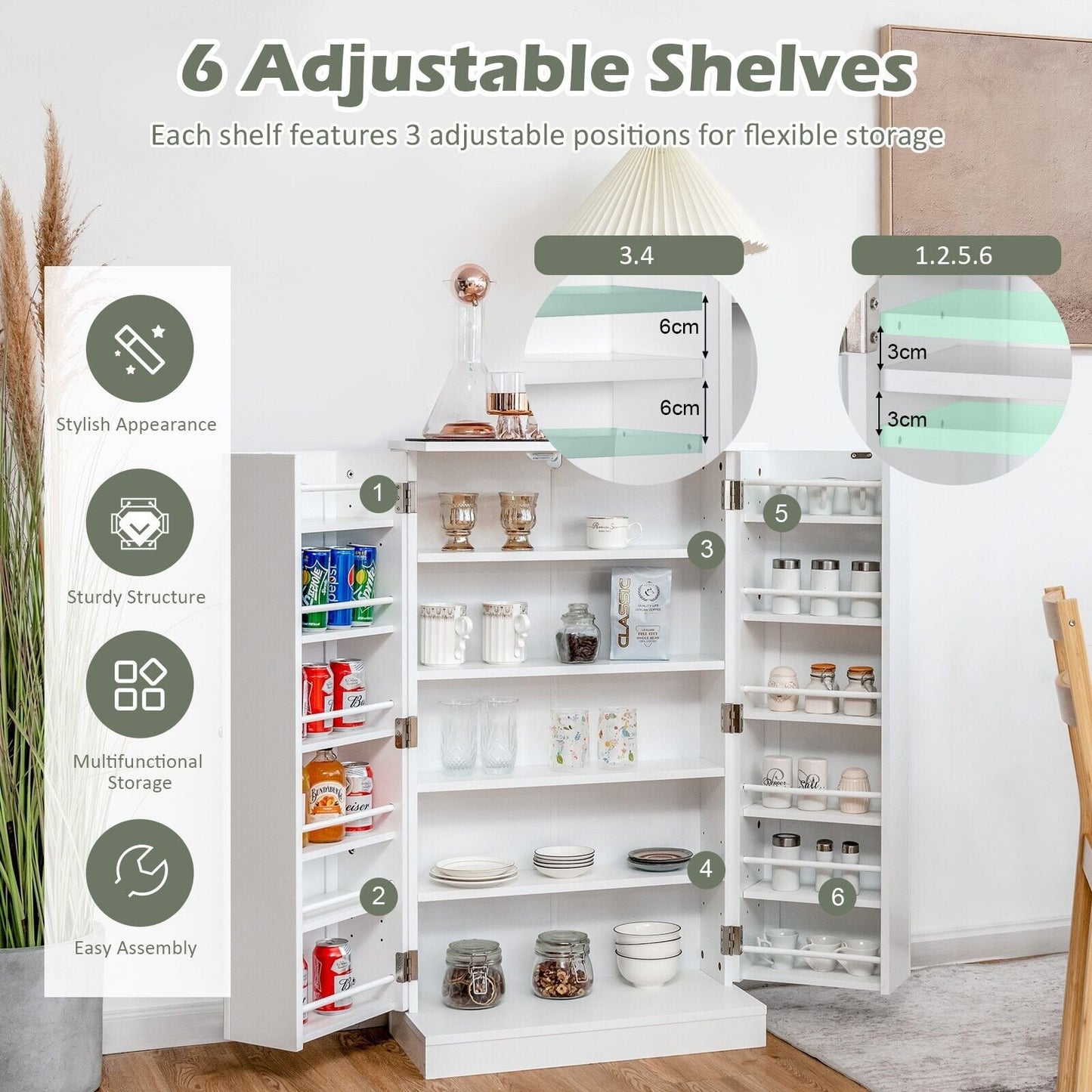2-Door Pantry Cabinet with 6 Adjustable Shelves-White