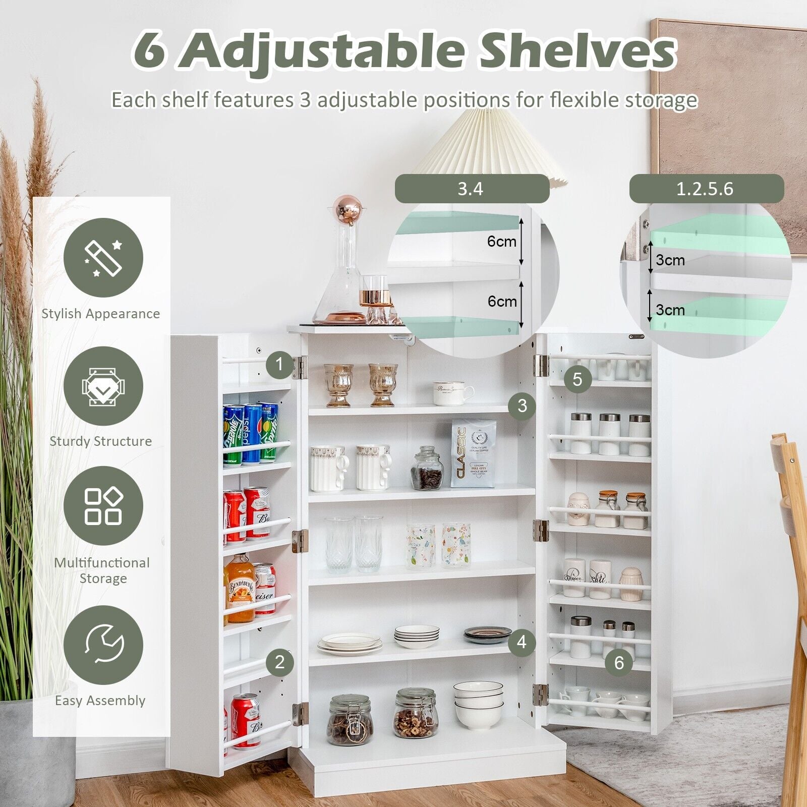 2-Door Pantry Cabinet with 6 Adjustable Shelves-White