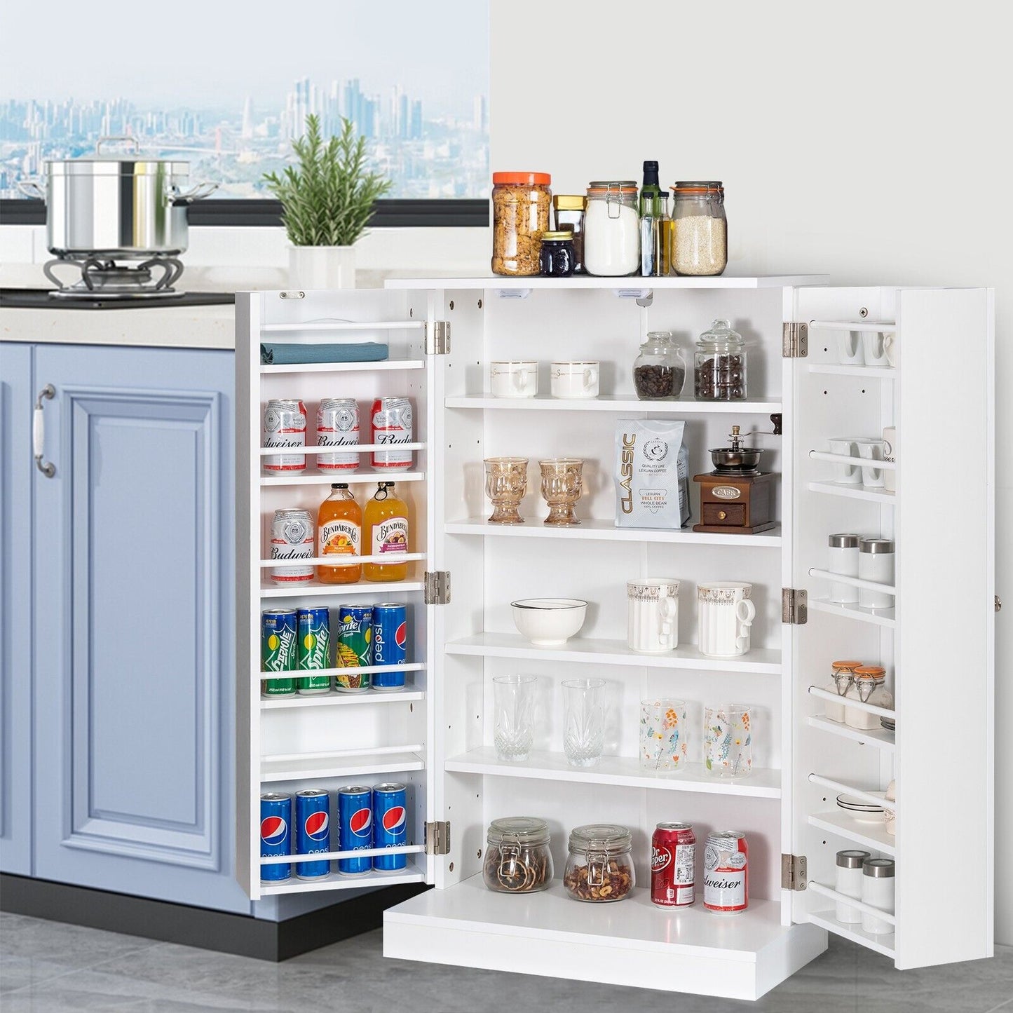 2-Door Pantry Cabinet with 6 Adjustable Shelves-White