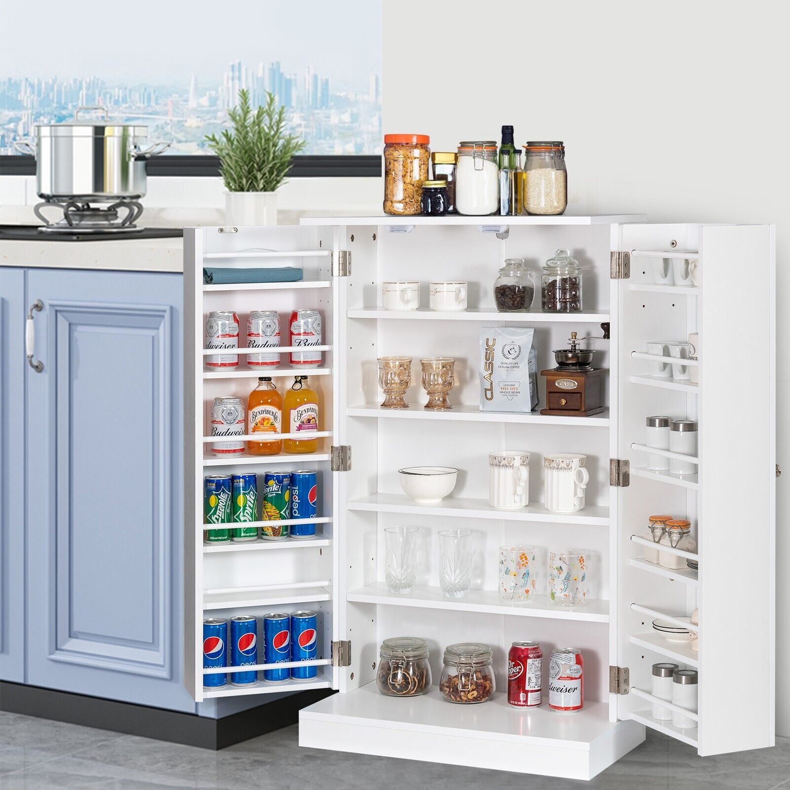 2-Door Pantry Cabinet with 6 Adjustable Shelves-White